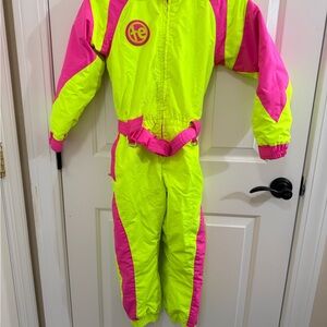 Tipsy Elves Powder Blaster neon yellow and pink snow suit.